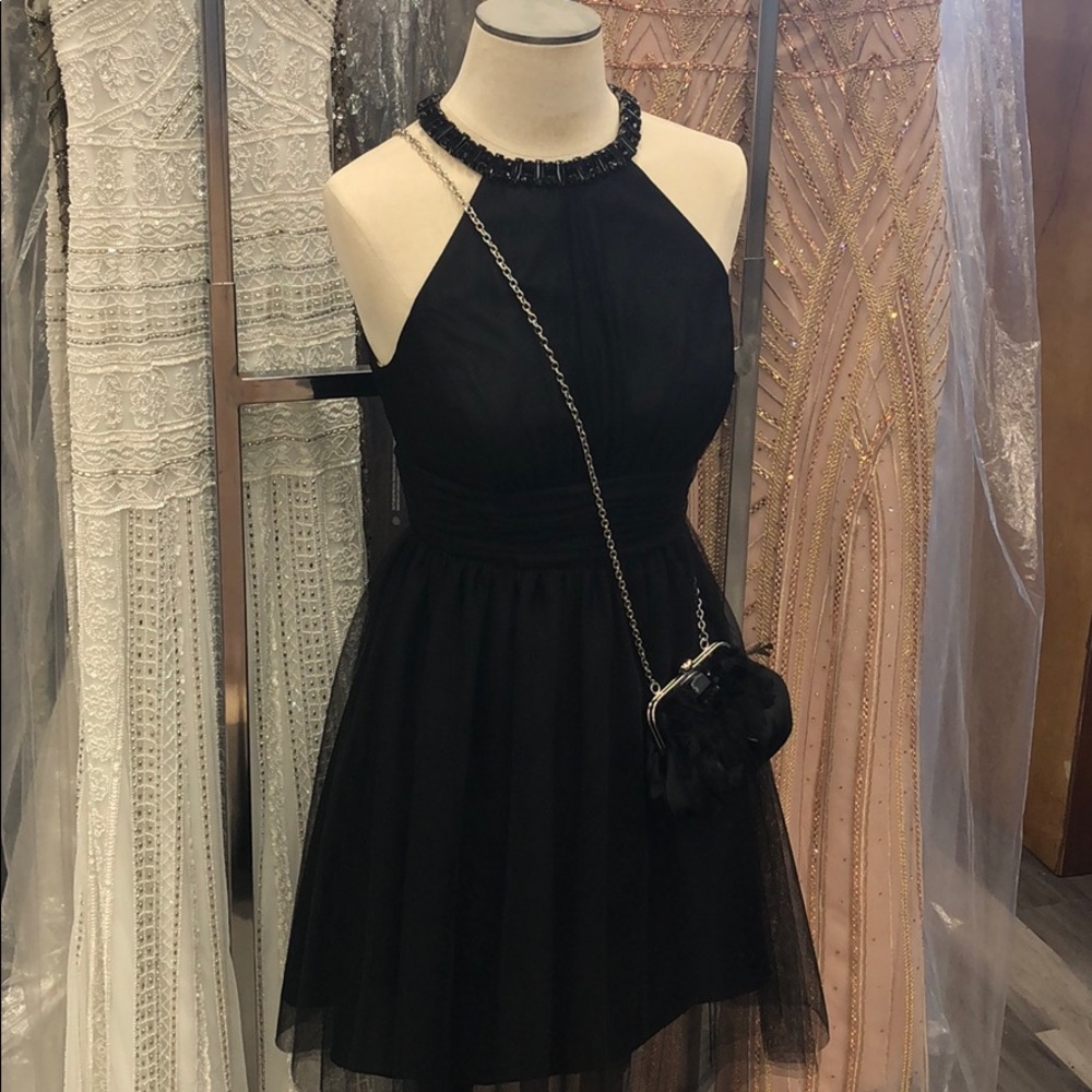 Black tulle high neck short dress